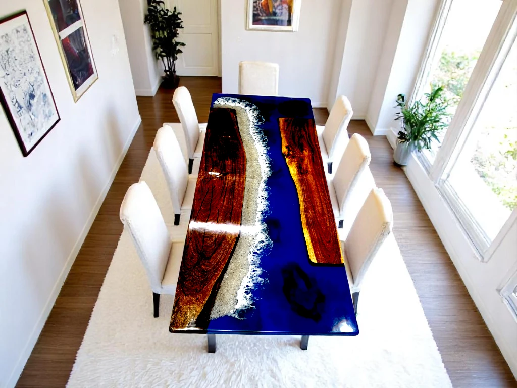 Rectangle Epoxy Resin Table Ocean Waves Design
